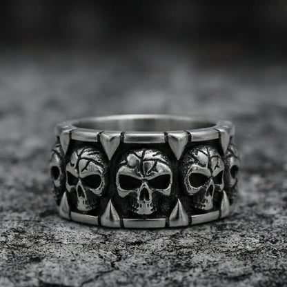 Spiked Skull Panel Statement Band Ring