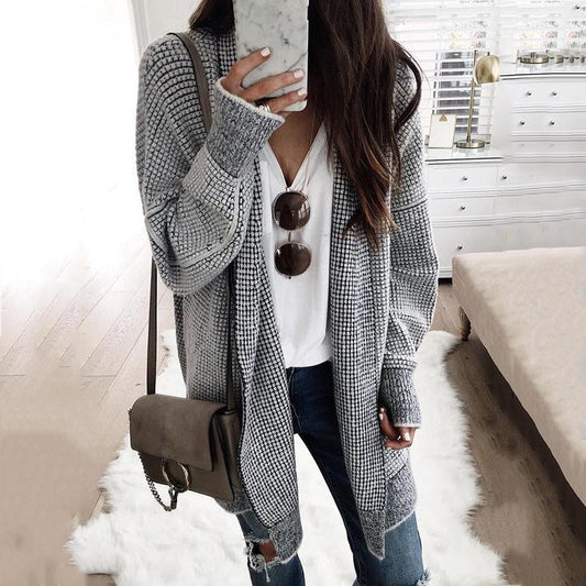 Casual Plaid Knit Mid Length Cardigan elevenforest