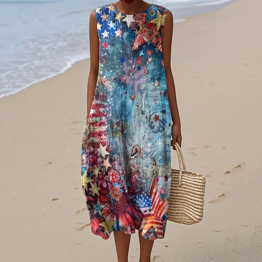 Women's Vintage Independence Day Print Midi Dress artswardrobe