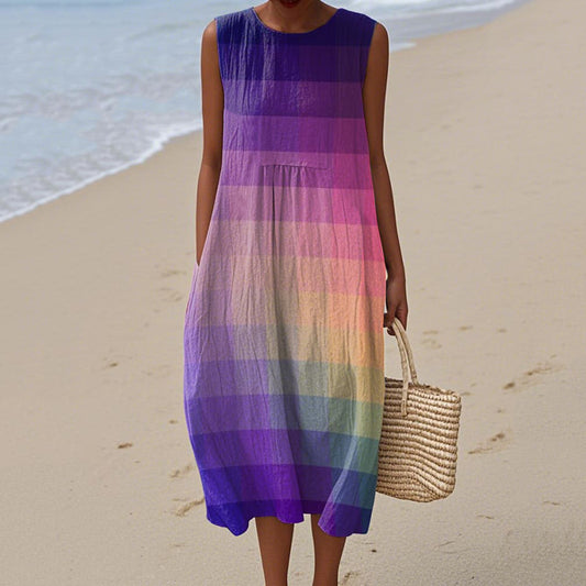 Women's Retro Colorful Plaid Print Cotton And Linen Sleeveless Dress artswardrobe