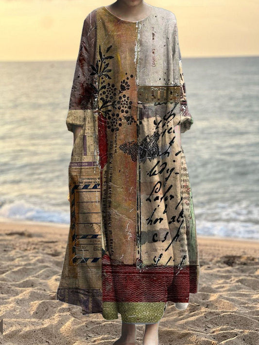 Vintage Japanese Patchwork Pattern Women's Linen Maxi Dress artswardrobe
