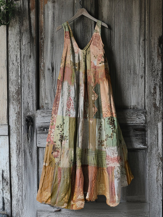 Women's Vintage Floral Patchwork Cotton And Linen Dress artswardrobe