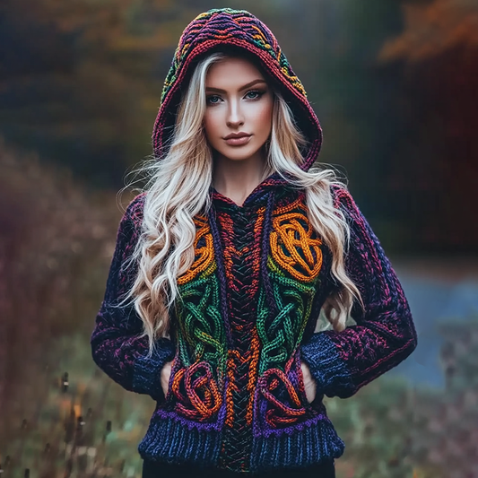 Women's Viking Celtic Knot Colorful Knit Hooded Sweater elevenforest