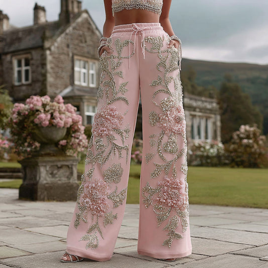 Comstylish Women's Vintage Floral Embroidery Art Comfort Sweatpants