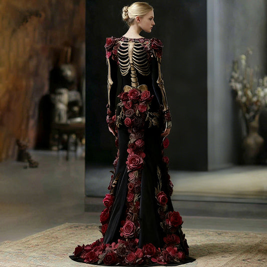 Comstylish Women's Vintage Skeleton Bones In Red Rose Art Velvet Maxi Dress