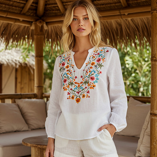 Comstylish Retro Bohemian Floral Embroidery Art Graphics Cotton And Linen Blend Loose Blouse