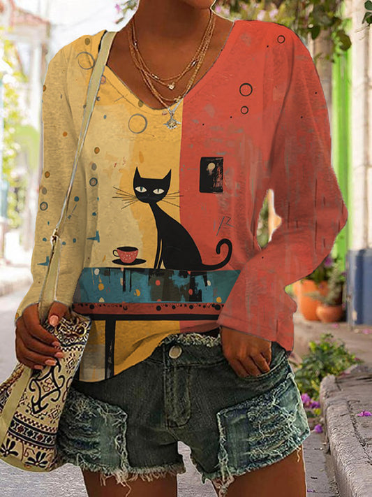 Comstylish Women's Casual Art Funny Black Cat Print T-shirt