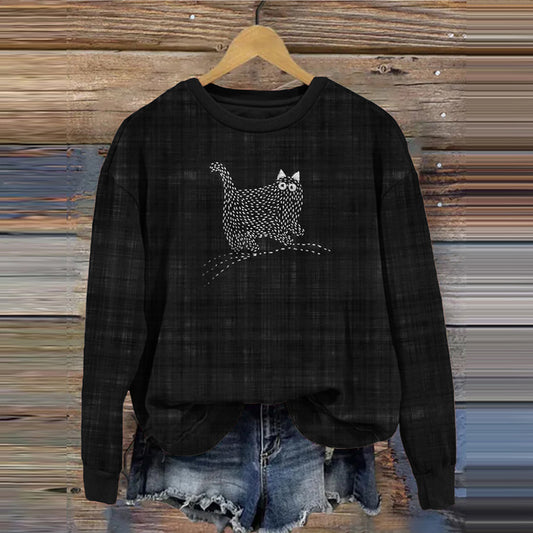 Comstylish Cute Sashiko Cat Japanese Art Cozy Sweatshirt