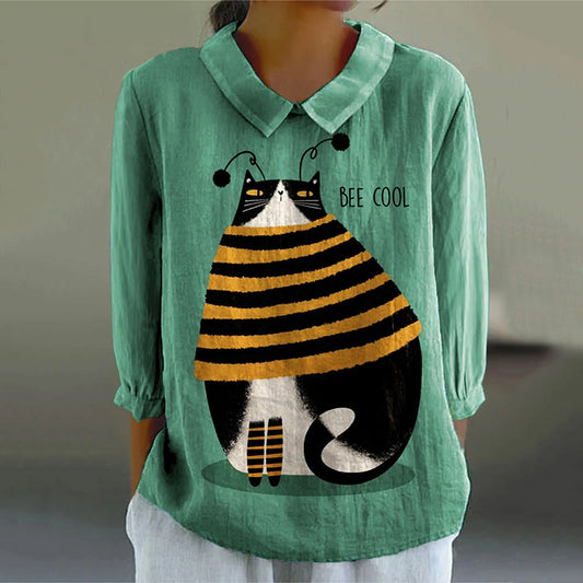 Women's Cute Cat Art  Casual Linen Shirt elevenforest