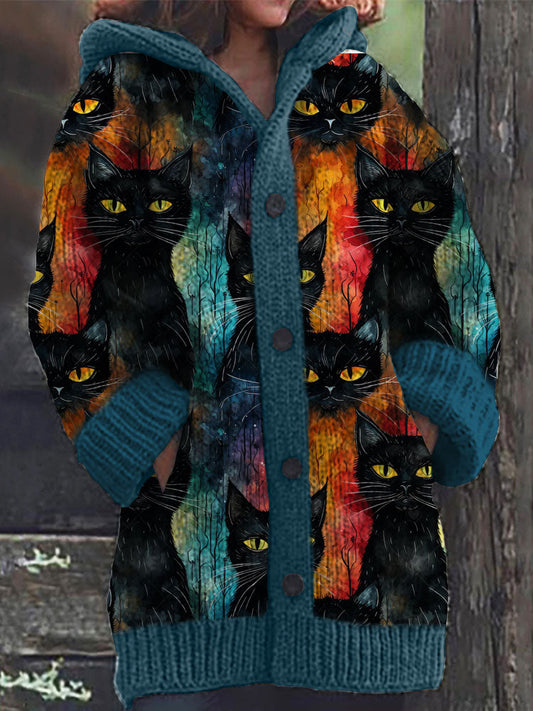 Colorful Cat Pattern Cozy Hooded Cardigan elevenforest