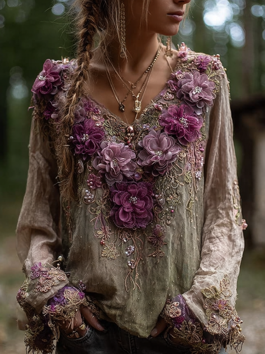 Bohemian Style Round Neck Long Sleeve 3d Purple Flower Design Cotton And Linen Top For Women