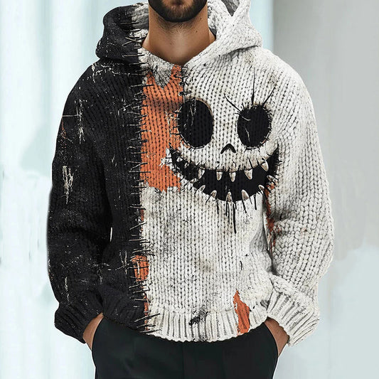 Men's Halloween Pumpkin Face Colorblock Stitched Cozy Knit Hooded Sweater elevenforest