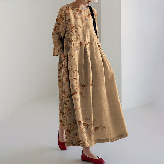 Comstylish Japanese Cherry Blossoms Art Linen Blend Long Sleeve Maxi Dress