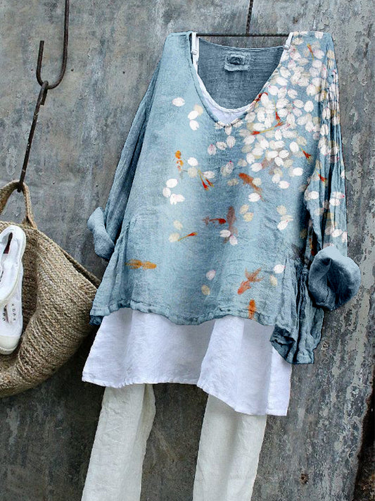 Comstylish Koi and Sakura Art Linen Blend Cozy Flowy Tunic