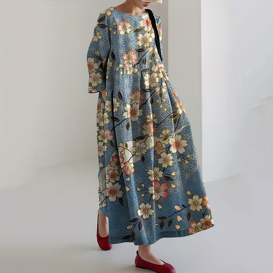 Comstylish Women Japanese Art Sakura Printed Casual Midi Dress