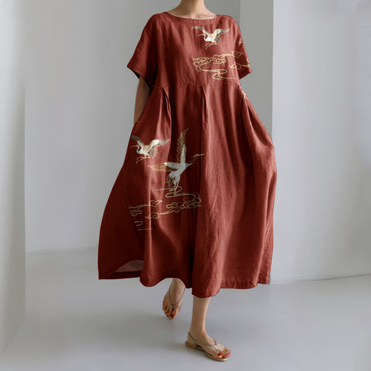 Comstylish Women Crane Art Printed Casual Midi Dress