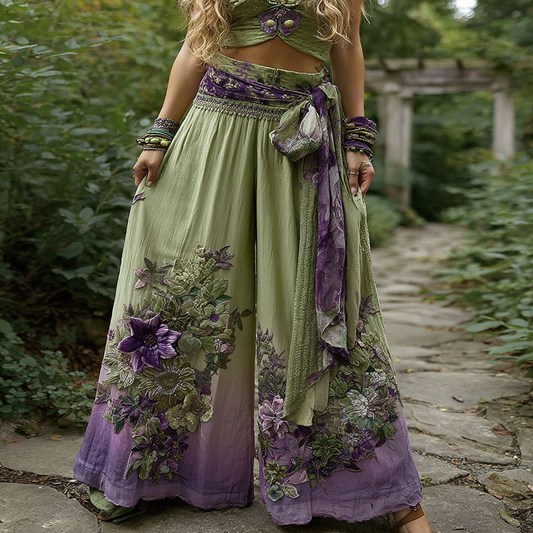 Floral Embroidered Art Print Loose Linen Blend Pants artswardrobe