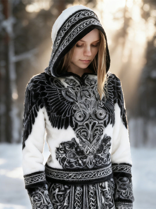 Comstylish Viking Wings Design Women's Flannel Hooded Sweatshirt