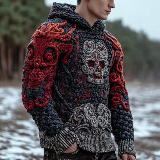 Japanese Skull Ghost Art Men's Chunky Knit Hooded Sweater elevenforest