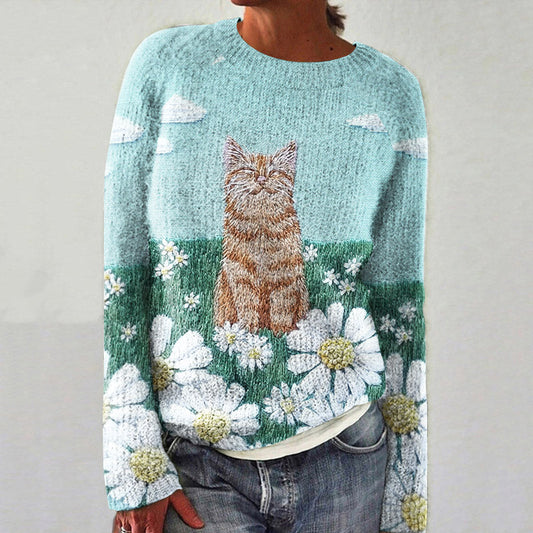 Floral Cat Pattern Comfortable Women's Crew Neck Sweater elevenforest