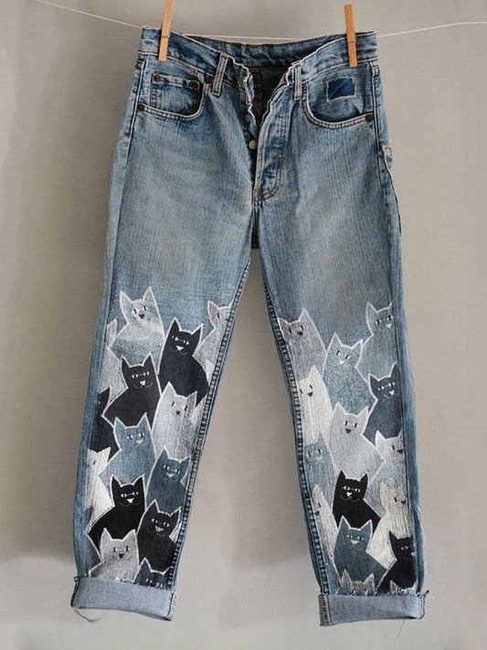 Comstylish Lovely Crowded Cats Denim Art Washed Jeans