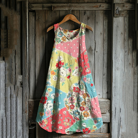 Vintage Floral Geometric Art Linen Blend Tank Dress artswardrobe