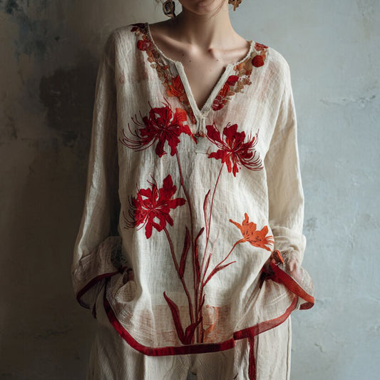 Women's Japanese Spider Lily Embroidered Cotton And Linen Shirt artswardrobe