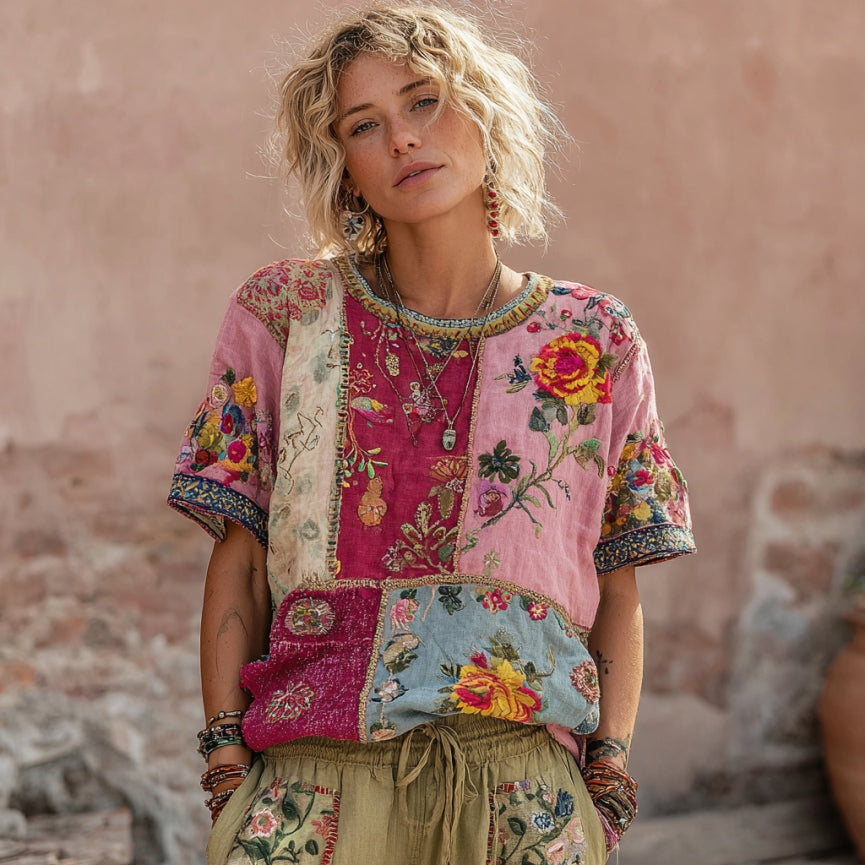 Women's Vintage Bohemian Floral Embroidery Art Round Neck Linen Blend T-shirt artswardrobe