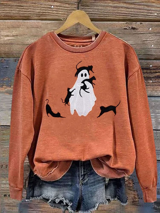 Ghost Playing With Cat Halloween Print Casual Sweatshirt elevenforest