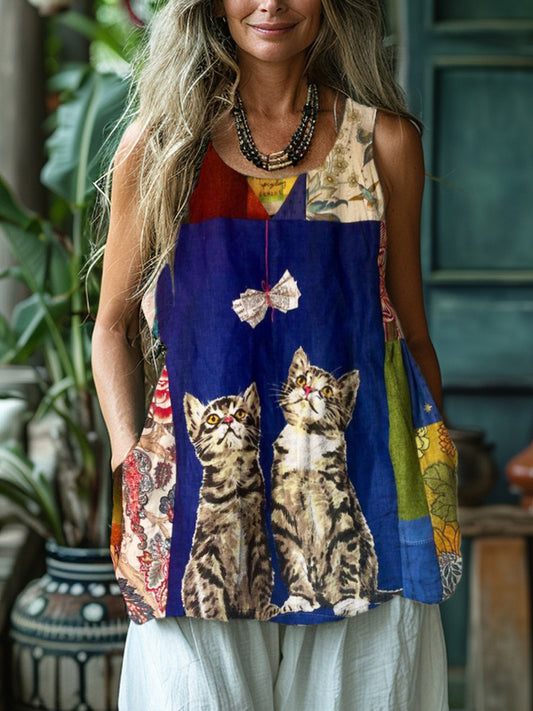 Geometric Cat Pattern Vintage Linen Tank Top artswardrobe