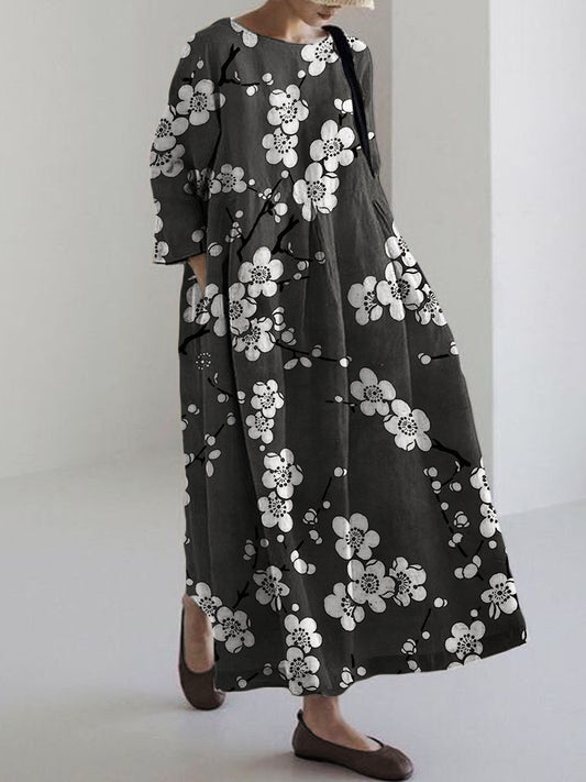 Comstylish Plum Blossom Japanese Lino Pattern Linen Blend Maxi Dress