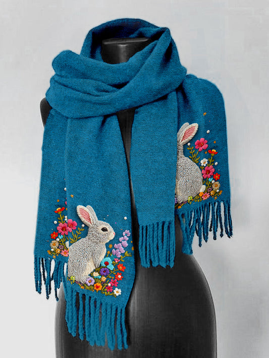Bright Pastel Knitted Bunny Pattern Comfy Tassel Scarf artswardrobe