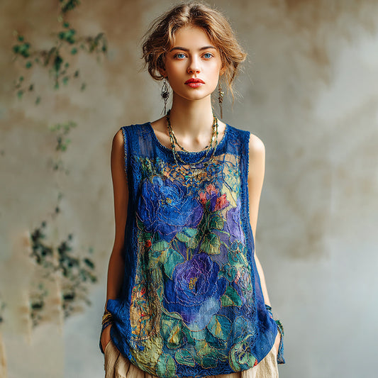 Women's Oil Painting Floral Contrast Color Tank Top artswardrobe