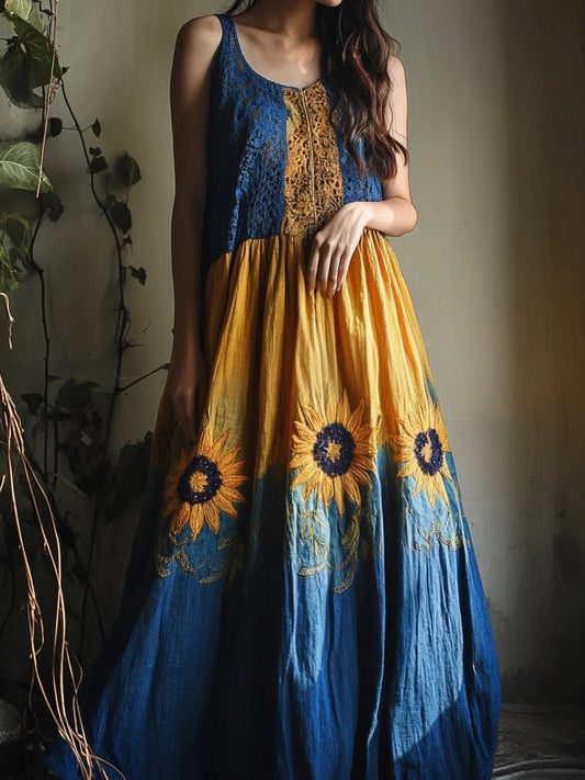 Boho Sunflower Embroidered Flowy Linen Maxi Dress artswardrobe