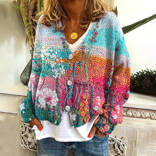 Vintage Floral Print V-Neck Long Sleeved Knitted Cardigan artswardrobe