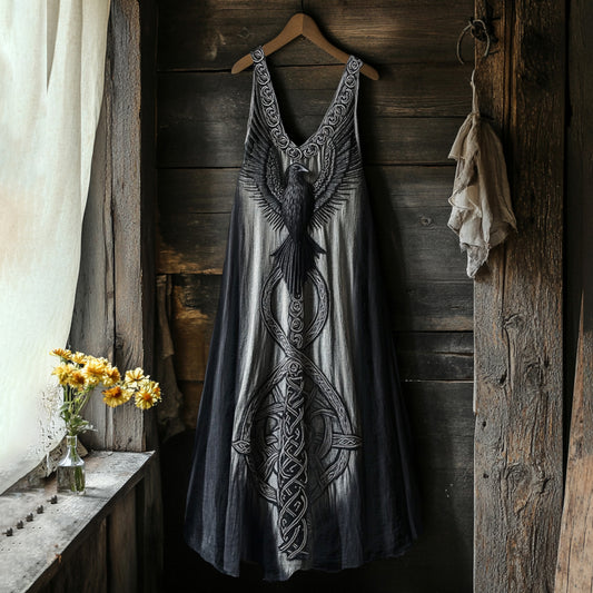 Women's Viking Tribal Bird Totem Linen Tank Dress artswardrobe