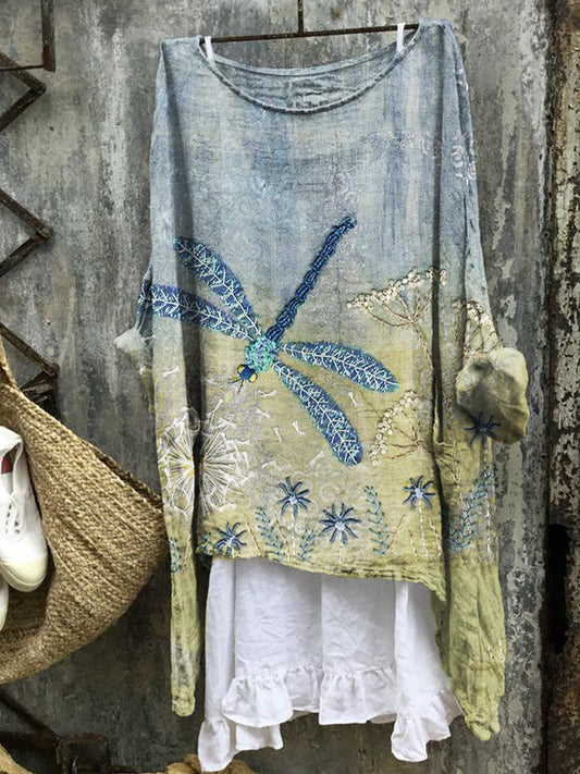 Comstylish Dragonfly Floral Lace Fiber Art Gradient Linen Blend Tunic