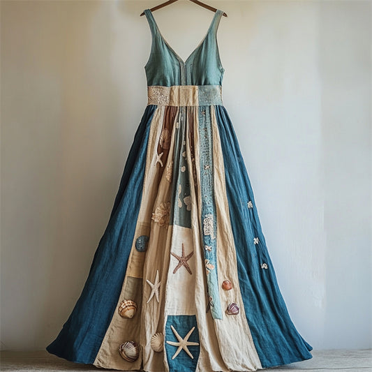 Vintage Starfish & Sea Shells Contrast Patchwork Maxi Dress artswardrobe