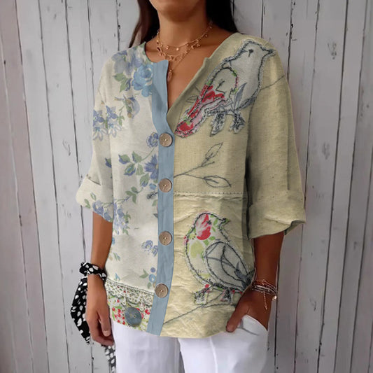 Women's Vintage Floral And Bird Art Embroidery Button-down Shirt artswardrobe