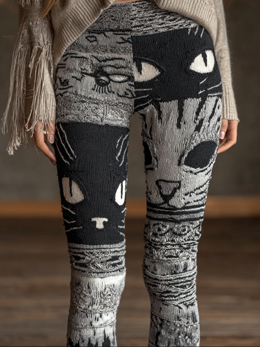 Halloween Fun Cat Design Women's Knitted Leggings elevenforest