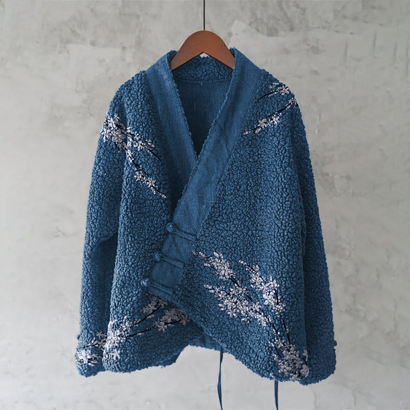 Comstylish Vintage White Cherry Blossom Embroidery Plush Kimono Cardigan