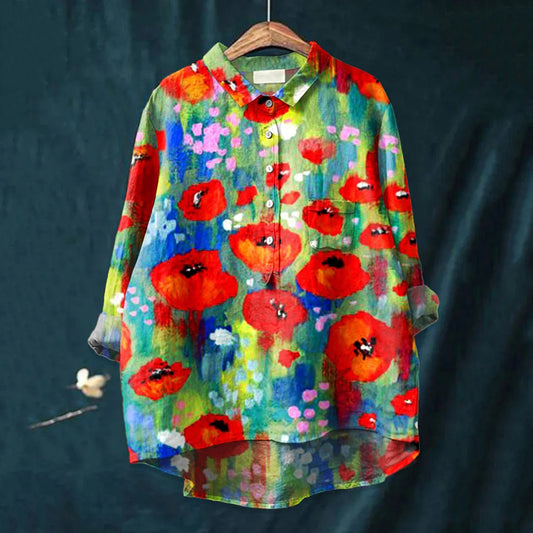 Comstylish Colorful Flowers Print Casual Cotton And Linen Shirt