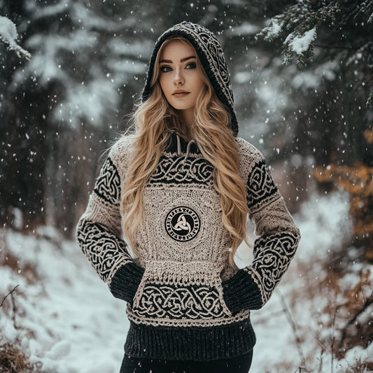Women's Viking Totem Celtic Knot Vintage Pocket Hooded Sweater elevenforest