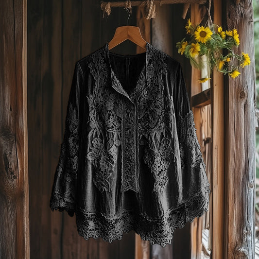 Comstylish Women's Retro Floral Lace Embroidery Art V-neck Shirt