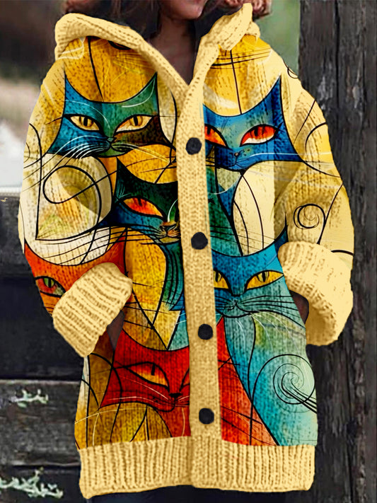 Comstylish Colorful Cats Art Pattern Cozy Hooded Cardigan