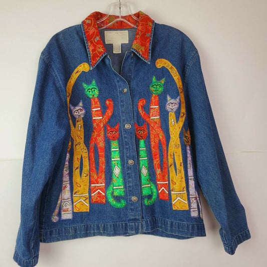 Comstylish Women's Pop Art Cat Design Denim Jacket