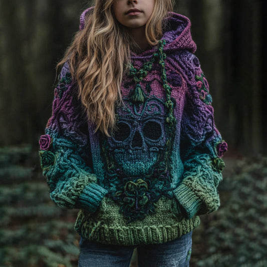 Women's Vintage Viking Skull Gradient Art Knit Hooded Sweater elevenforest
