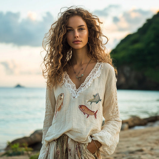 Retro Fish Embroidery Print Linen Blend Loose Blouse artswardrobe