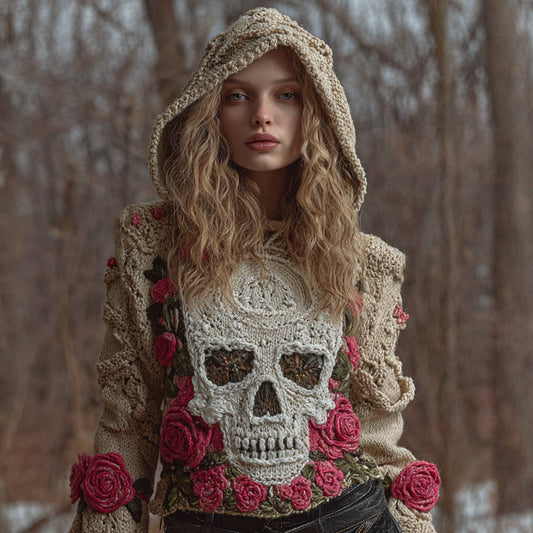 Women's Halloween Pink Vintage Pink Rose White Skull Crochet Hoodie Sweater artswardrobe