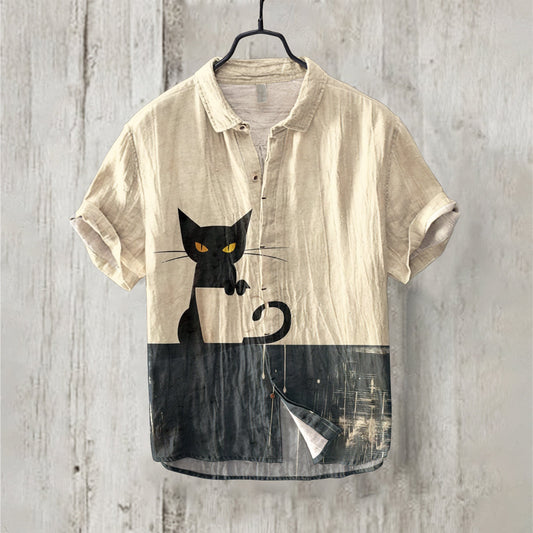Retro Cat Coffee Art Short Sleeve Linen Blend Comfy Shirt elevenforest